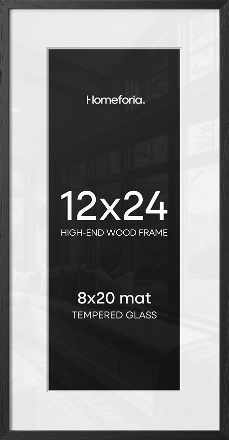 Homeforia 12x24 Black Oak Picture Frame, High-End Wood, 8x20 Mat, Glass