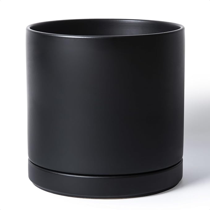 D'vine Dev 12 Inch Ceramic Planter Pot, Black, 94-O-F-2 | Modern Cylinder Design, Drainage Hole & Saucer Included, Stable Structure, Elegant Home Accent