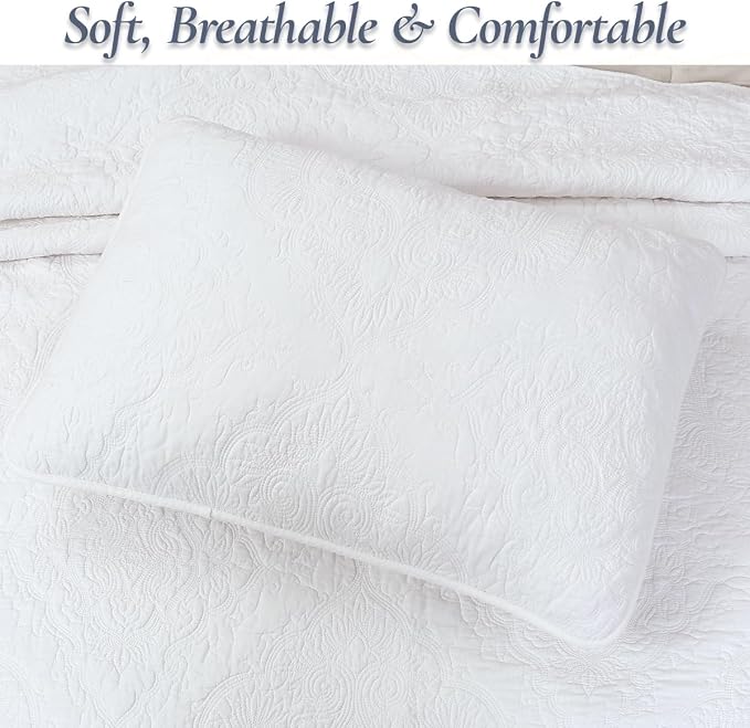 Cozy Line Home Fashions Solid White 100% Cotton Quilt Set, King | 3-Piece, Textured Damask Stitch, King Shams, All Season