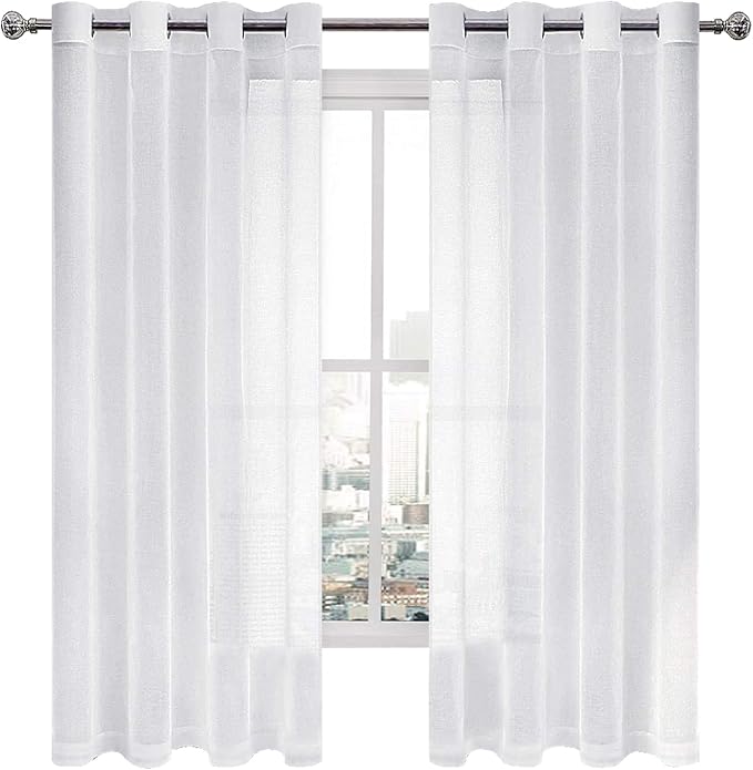 DWCN Sheer Curtains Linen Look Grommet Curtain for Bedroom White Window Curtains for Living Room Set of 2 Panels, 52 x 72 Inch Long