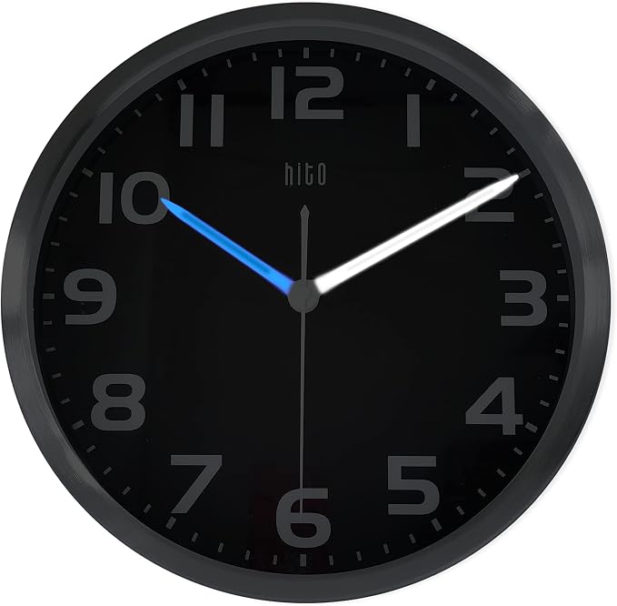 HITO 12 Inch Night Light Wall Clock Battery Operated Brightness Adjustable, Metal Frame, Glass Cover(Hands Illuminate)
