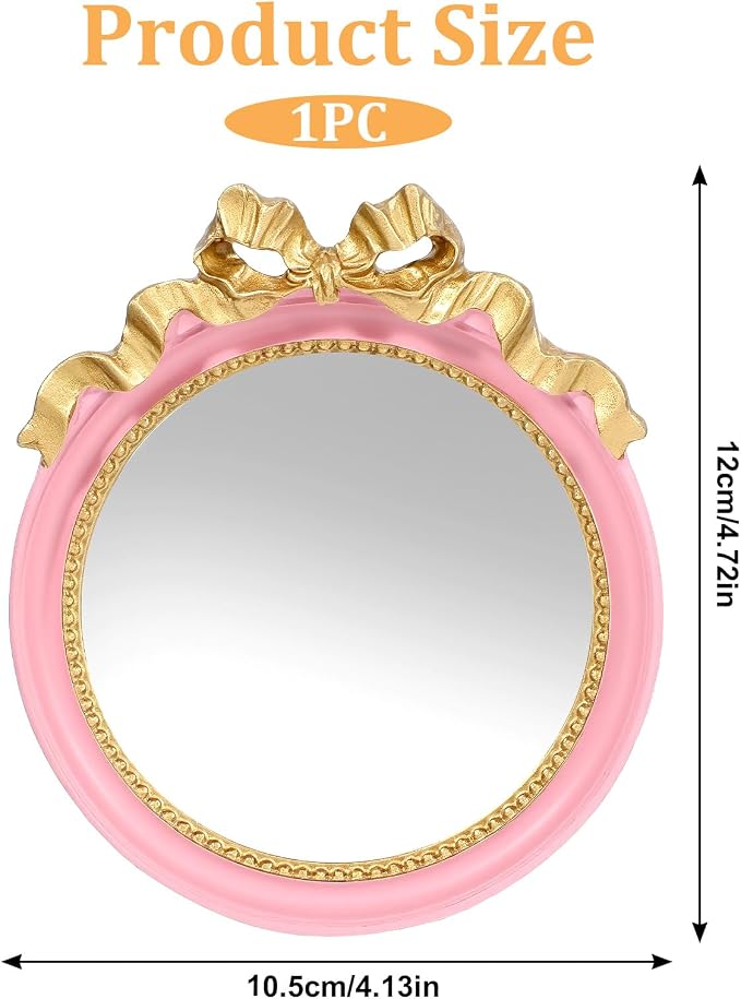 Xthrotsenk Small Desk Mirror 4.2'' Pink Vintage Makeup Wall Mirror Traditional Roundness Table Mirrors with Resin Frame Decorative Hanging Mirrors for Bedroom Bathroom Tabletop Wall