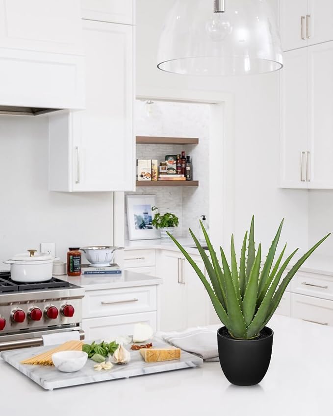 GnFlus Fake Succulent Aloe Vera Plants 13 Inch Large Artificial Succulents with Black Pot Faux Aloe Potted Plant for Desk Modern Home Office Bedroom Living Room Table Shelf Decor