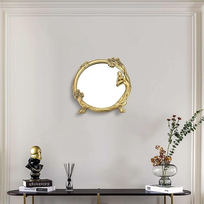 JUXYES Small Wall Mirror Decor Retro Gold Resin Beauty Girl Wall Mirror | Vintage Cosmetic Mirror with Decorative Frame - A Girl Looking In the Mirror, Unique Elegant Wall Mirror Gift for Women Girls