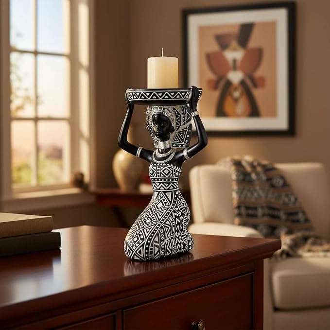 Lescafita African Lady Figurine Candle Holder with African Tribal Totem for Wedding,Church,Holiday Decor-African Decorative Women Statues, Candlestick Holder for Home and Table Decor(753-B)
