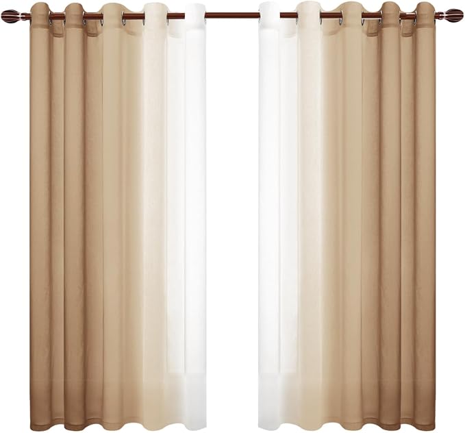 DWCN Ombre Faux Linen Sheer Curtains - Extra Wide Gradient Semi Voile Light Filtering Grommet Top Bedroom and Living Room Curtains, 60 x 63 Inches Long, Set of 2 Window Curtain Panels, Taupe