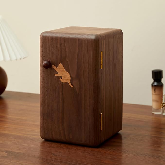 Black Walnut Solid Wood Cabinet Jewelry Box, Large | Women, Velvet Lined Organizer, 6 Drawers, Cherry Wood Cat Inlays, Rosewood Handles