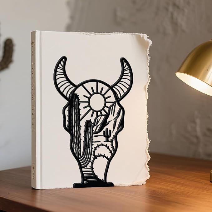 WADORN 1 Pair West Cow Skull Metal Decorative Bookend for Shelves, Heavy Duty Book Ends Modern Non-Skid Books Holder Stand Black Book Support Stoppers for Desk Bookshelf Office Home, 5.3x4.3x7.9 Inch