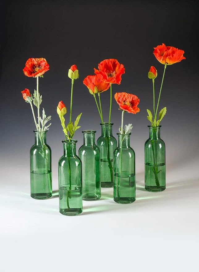 Serene Spaces Living Set of 6 Large Green Bud Vases, Apothecary Jars, Decorative Glass Bottles, Centerpiece for Wedding Reception, Antique Decoration, Flower Vases, Measures 6.5" Tall & 2" Diameter