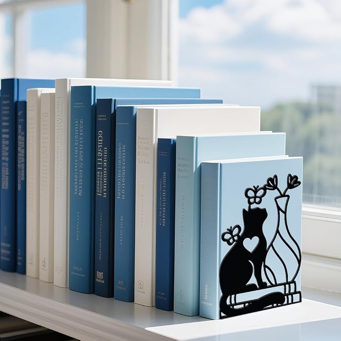 WADORN 1 Pair Cute Cat Flower Metal Decorative Bookend for Shelves, Heavy Duty Book Ends Modern Non-Skid Books Holder Stand Black Book Support Stoppers for Desk Bookshelf Office Home, 5.3x4.3x7.9 Inch