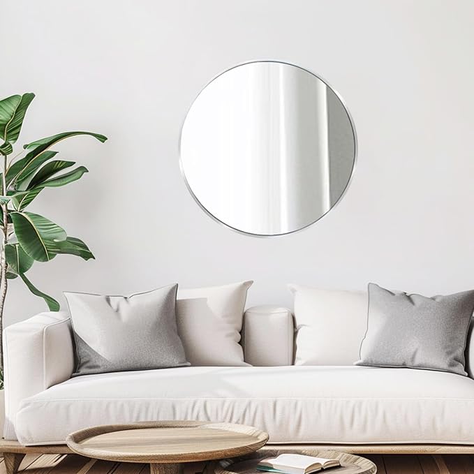 Round Silver Mirror 16 inch, Circle Mirror, Brushed Nickel, Chrome | Metal Frame, Small Circular Wall Mirrors for Bathroom, Kids Room, Nursery, Vanity, Bedroom, Entryway, Living Room, Over Sink