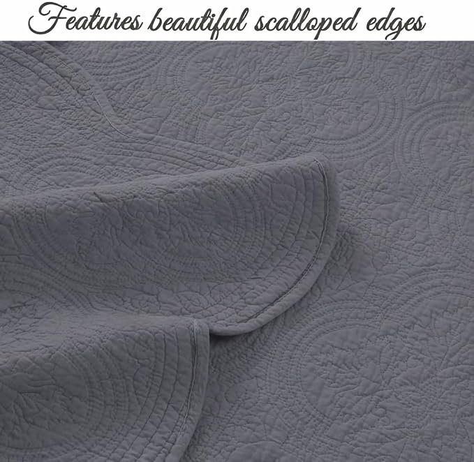 Cozy Line Home Fashions 100% Cotton Quilt Set, Grey, King, 3-Piece | Solid Textured Quilted Bedspread with Shams, Lightweight, All Season, Modern Bedding
