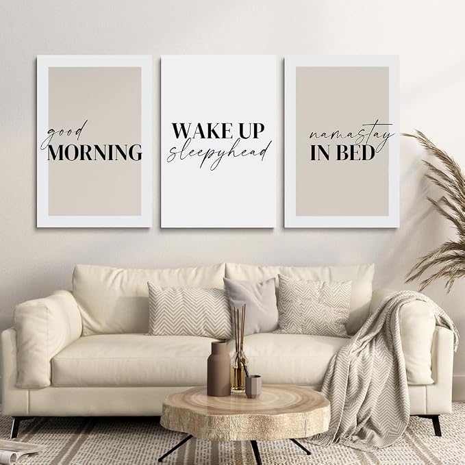 GUBIYU Bedroom Prints Set of 3, Above Bed Decor, Good Morning Namastay in Bed Canvas Wall Art, Beige and White Minimalist Nursery Prints 12"x16"
