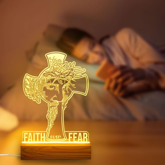 Faith Over Fear LED Night Light with Jesus and Cross Design