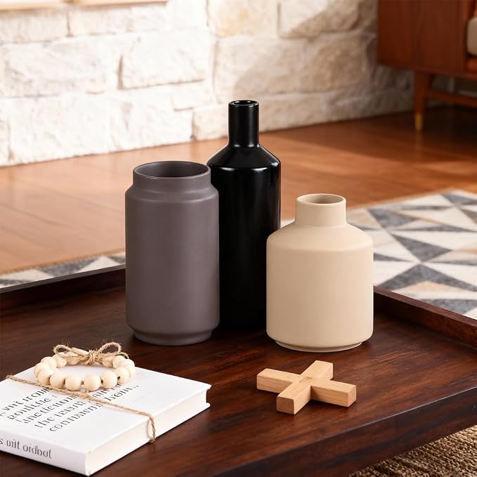 Ceramic Vase Set of 3 – Modern Decorative Vases for Home Decor, Small Flower Pottery Vase Sets, Boho Farmhouse Rustic Vases for Living Room, Kitchen, Bedroom, Bathroom, Shelf, Table