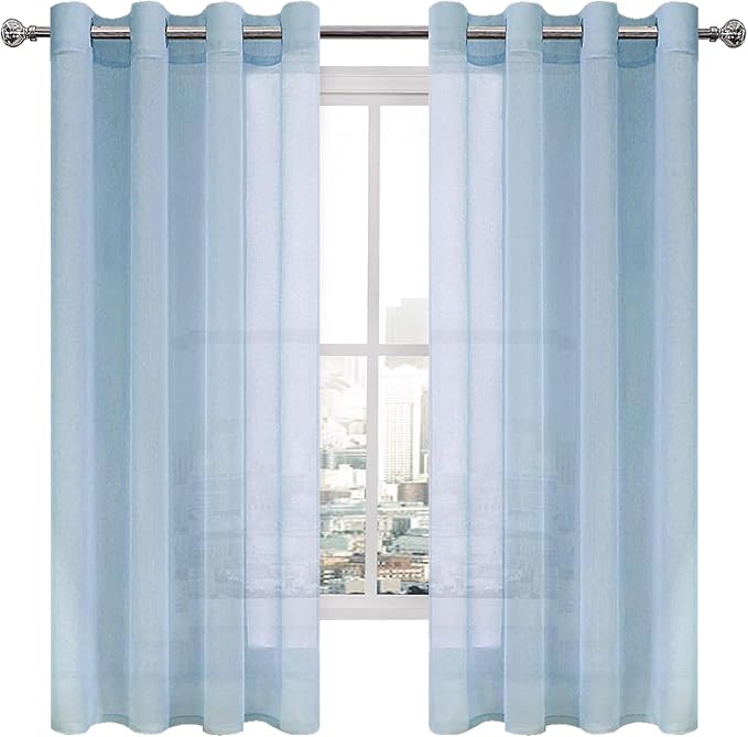 DWCN Sky Blue Faux Linen Sheer Curtains - Grommet Voile Window Curtain Drapes for Bedroom Living Room 52 x 72 inches Long, Set of 2