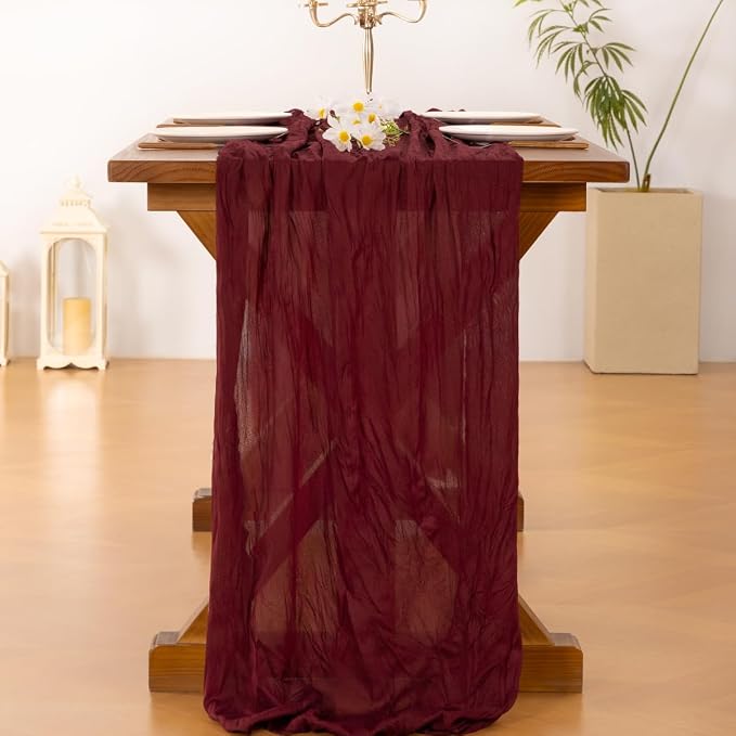 Cheesecloth Table Runner Fall Boho Wedding Birthday Party Home Decor | Burgundy 10pcs Rustic Gauze 10FT Cheese Cloth Sheer Farmhouse Dining Runner for Baby Shower Bridal Holiday Decorations