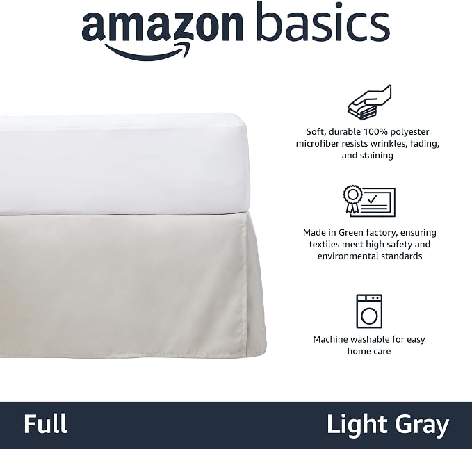 Amazon Basics Lightweight Pleated Bed Skirt, Machine Washable, Wrinkle and Fade Resistant, Full, Light Grey