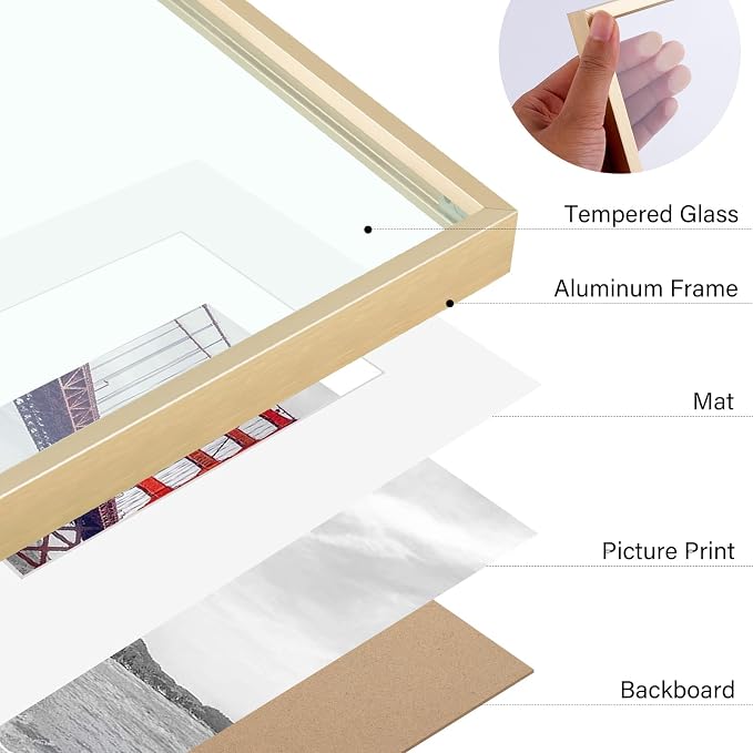 Frametory 9x12 Gold Aluminum Metal Picture Frame Mat for 6x8 Glass