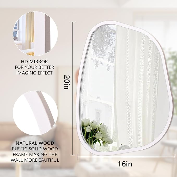 Irregular Oval Wall Mirror Large White 20"x16" Inches Asymmetrical Mirror Modern Wood Frame Unique Shape Wall Mounted Vanity Artistic Mirror Decor for Living Room Bedroom Bathroom Entryway