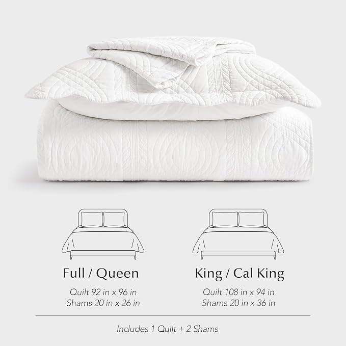 EverGrace 100% Cotton Scallop Quilt Set, Queen Size, Bright White | Scalloped Border, Timeless Chic Aesthetic, All-Season Comfort, Perfect French Country Bedroom Decor, 3 Piece Set with 2 Shams