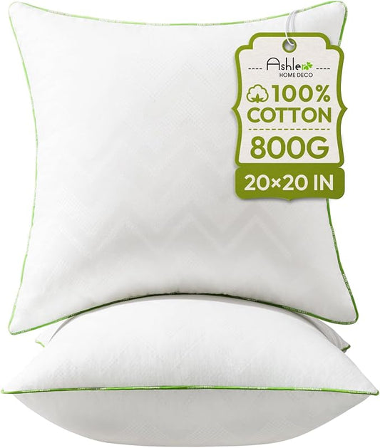 Ashler 20 x 20 Pillow Inserts Set of 2, Hypoallergenic Pillow | 100% Cotton Cover, Square Interior Sofa Stuffer, Decorative Pilloes for Sofa Couch, Fluffy & Supportive