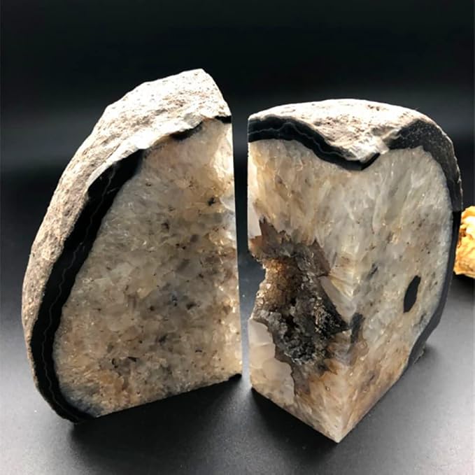 Natural Agate Bookends Heavy Geode Stone Book End Holders Decorative | Polished Stone Book Stoppers Supports Home Office Decor with Rubber Bumpers Natural Black 1 Pair, 3-4 LBS