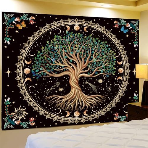 Moon Phase Tree of Life Tapestry Nature Flower Plant Butterfly Tapestries Boho Mandala Spiritual Tapestry Aesthetic Wall Hanging for Home Decor Bedroom Living Room Dorm Decor (35.44" x 47.25", Blue)