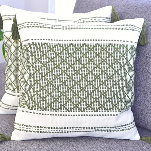 16x16 inch Boho Pillow Covers Indoor/Outdoor Olive Green - Set of 2 / Decorative Checkered Geometric Cushion Covers/Farmhouse Designer Woven Pillowcases/Modern Accent Cushion Covers
