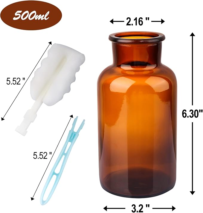 PINIWON Set of 6 Amber Bud Vases, Vintage Small Glass Vases | Medicine Bottles Apothecary Jars with Brush, Flower Vases for Home Decor, Wedding Centerpieces