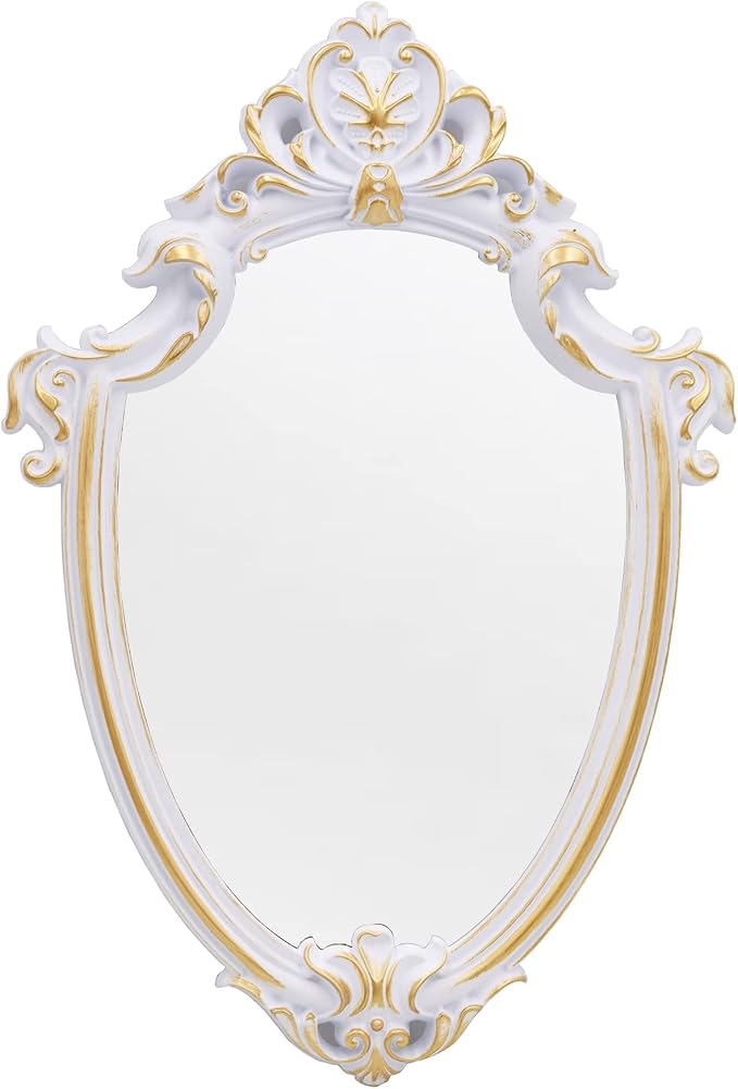Eaoundm 16.5 x 11 inch Vintage Mirror Antique Mirror Shield Shape (White) | decorative wall mirror