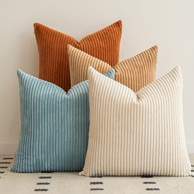 LANANAS Decorative Corduroy Throw Pillow Covers 18x18 Inch Cream-Orange | Set of 4 Neutral Couch Farmhouse Boho Throw Pillows for Living Room, Couch, Bed, Sofa Soft Accent Home Decor