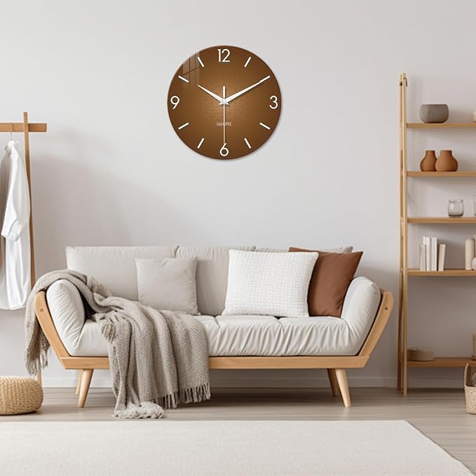 XFM Modern Glass Wall Clock for Living Room 14 Inch Brown | Silent Non-Ticking Battery Operated Simple Minimalist Decorative for Farmhouse Kitchen Home Office
