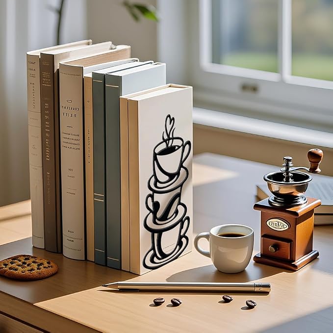 WADORN 1 Pair Coffee Cup Metal Decorative Bookend for Shelves, Heavy Duty Book Ends Non-Skid Books Holder Stand Black Book Support Stopper for Coffee Books Desk Bookshelf Office Home, 5.3x4.3x7.9 Inch