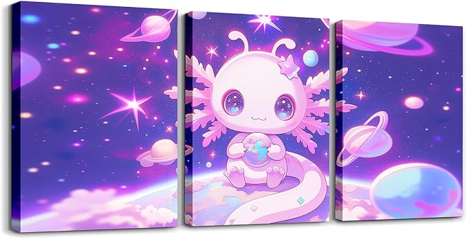 Feelyou Kids Cute Axolotl Wall Painting Posters Galaxy Planet Space Picture Wall Decor Boys Girls Cartoon Animal Canvas Wall Art Living Room Bedroom Dreamy Starry Bathroom Wall Art 12"x16"x 3Pcs