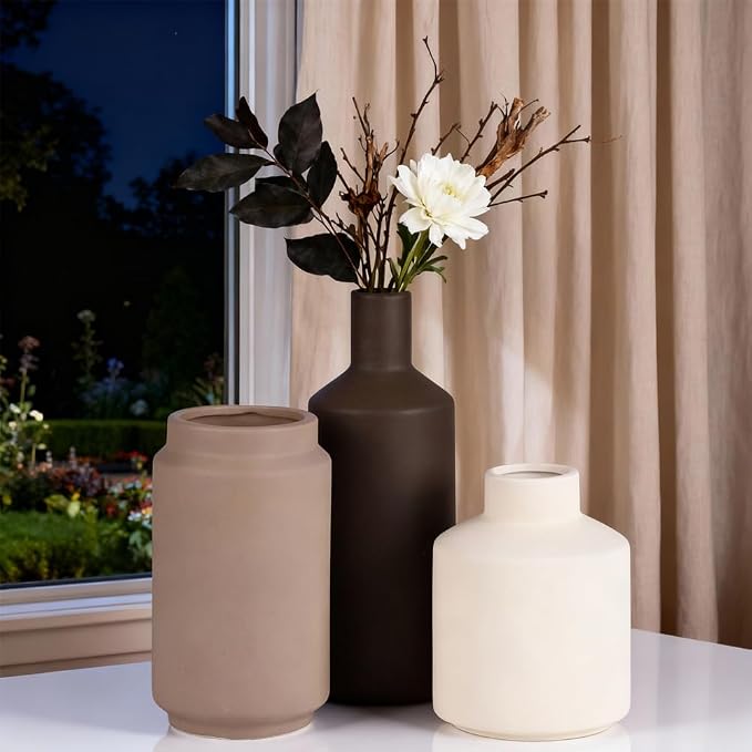 Neutral Ceramic Vase Set of 3 – Modern Decorative Vases, Small Flower Pottery Vase Sets, Boho Farmhouse Rustic Vases for Living Room, Kitchen, Bedroom, Bathroom, Shelf, Table