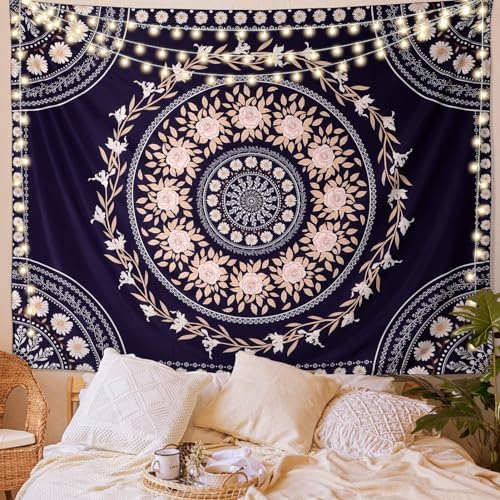 FLY SPRAY Mandala Tapestry Aesthetic,Boho Tapestries Wall Hanging,Dark Rose Floral Medallion Tapestrys,Bohemian Wall Art Hippie Decor for Bedroom Living Room Ceiling