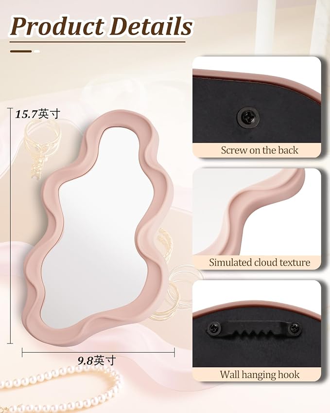 Funky Small Decorative Wall Mirror - Pink Asymmetrical Wavy Design,Hanging Mirror for Bedroom, Bathroom Entryway Modern Irregular Squiggly Shape,Compact Size, Easy Install