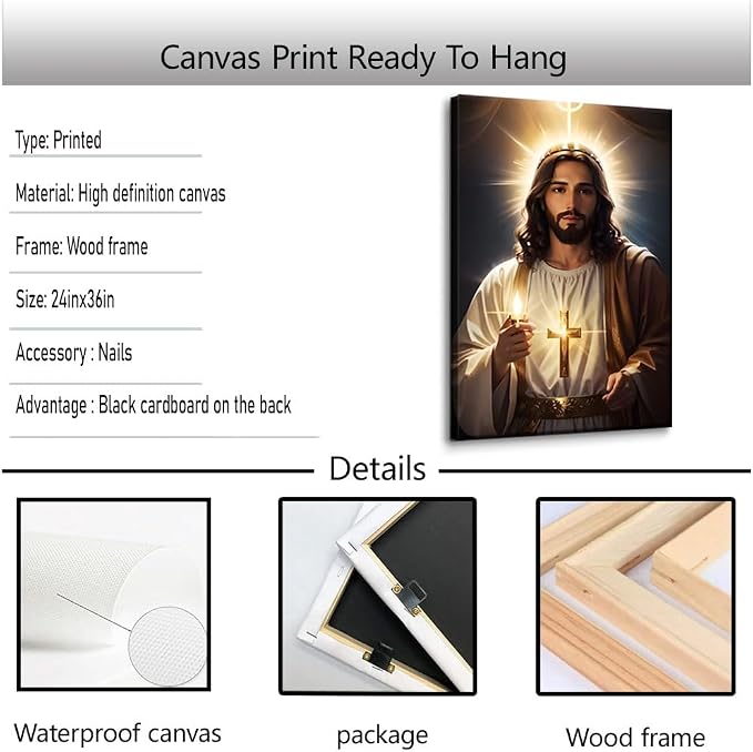 Jesus Canvas Wall Art Sacred Light God Poster Catholic Faith Decor Print | Framed Sacred Cross God Poster Christian Jesus Lights Candles Painting Wall Decor for Prayer Room Bedroom Church 24x36In
