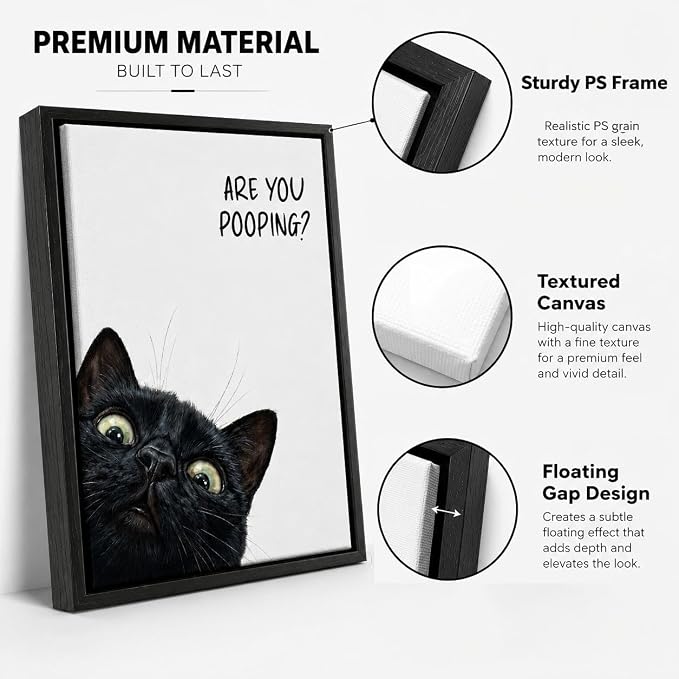 Framed Funny Bathroom Wall Art, Black Cat Are You Pooping Canvas Print, Minimalist Black and White Humor Bathroom Animal Decor for Restroom Toilet 12x16in