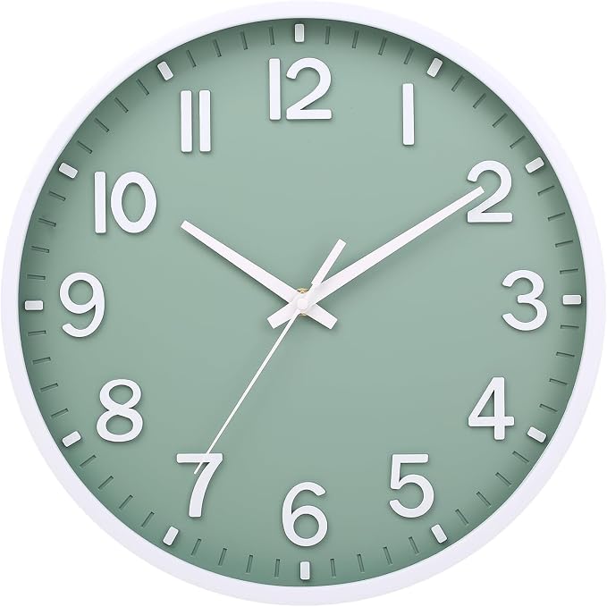 Wall Clocks Battery Operated 10 inch Modern Wall Clock,Silent Non Ticking Wall Clock for Living Room Bedroom Kitchen Office Classroom Decor (Green White)