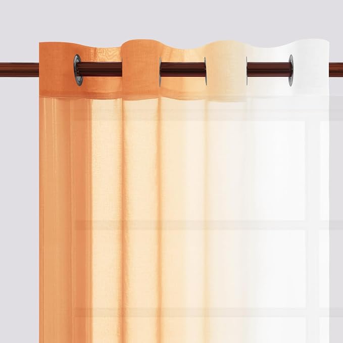 DWCN Autumn Faux Linen Ombre Sheer Curtains - 63 inches Long Gradient Semi Voile Curtains for Bedroom and Living Room, Set of 2 Grommet Top Window Curtain Panels, W52 x L63 Inches, Sunset Orange