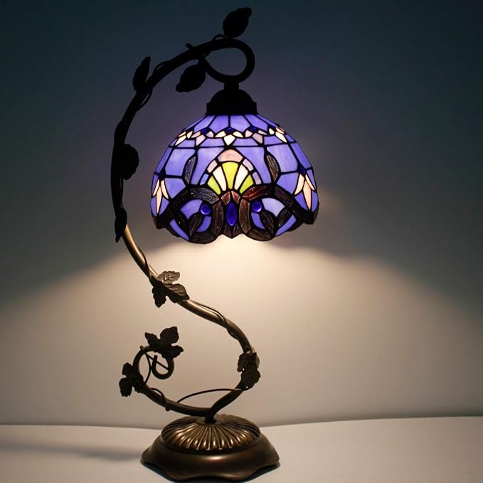 WERFACTORY Tiffany Table Lamp Blue Purple Stained Glass Baroque Style Reading Desk Light, Metal Leaf Base 8X10X21 Inches Decor Small Space Bedside Bedroom Home Office S003C Series