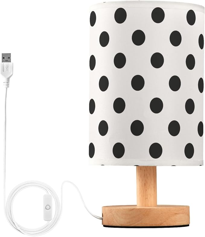 ALAZA Polka Dot Black on White Decor Bedside Table Lamp with USB Port for Bedroom Nightstand Office Desk LED Bulb Included
