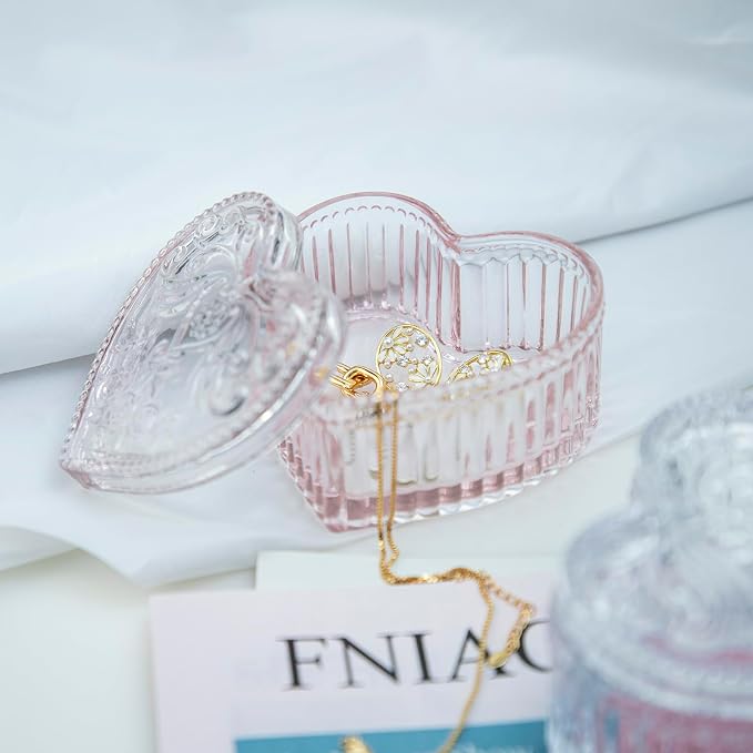 Gaolinci Crystal Glass Heart-Shaped Storage Box Embossed Jewelry Box Candy Box with Lid