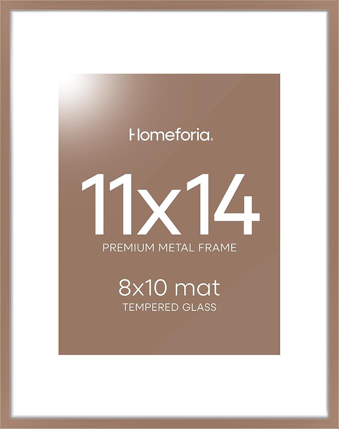 Homeforia 11x14 Mocha Picture Frame, High-End Metal, 8x10 Mat, Glass