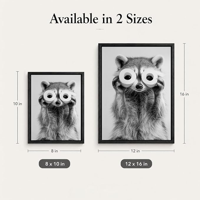 Framed Adorable Raccoon Bathroom Canvas Wall Art Toilet Paper Raccoon Wall Decor Pictures Funny Black and White Bathroom Animal Posters Prints for Restroom Home Decoration 12x16in
