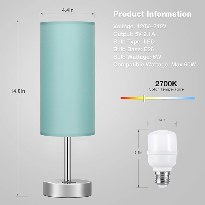 Teal Touch Table Lamp for Bedroom - Bedside Desk Lamp for College Dorm