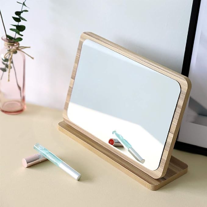 Aestivate Rectangle Compact Table Mirror Standing Wood Framed Mirror Desktop Mirror 90 Degree Rotating Mirror for Makeup Cosmetic (Vertical Rectangle)