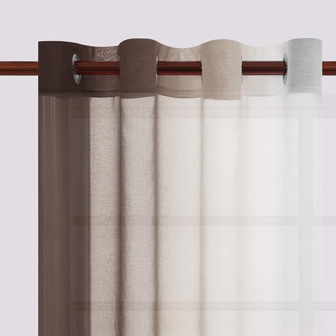 DWCN Faux Linen Ombre Sheer Curtains - Semi Voile Gradient Grommet Top Curtains for Bedroom and Living Room, Set of 2 Window Curtain Panels, 52 x 84 Inches Long, Chocolate Brown
